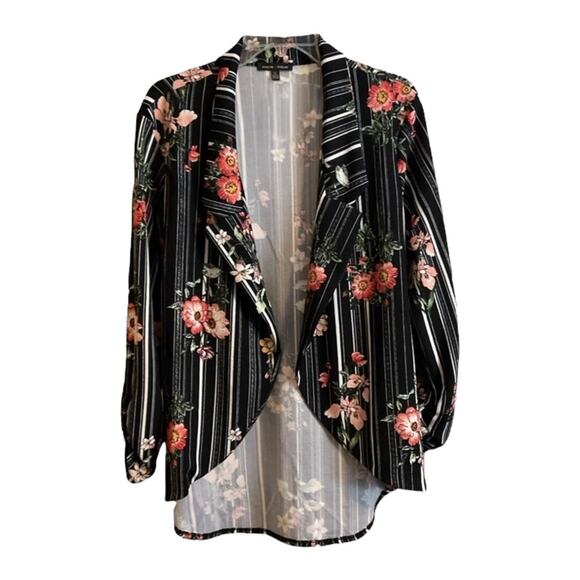 MOA MOA Floral Striped Open Front Blazer Cardigan Black Drape Hem Jacket Size S - Picture 6 of 10